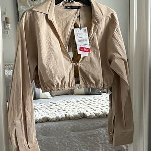 Zara Beige Cropped Bomber Shirt